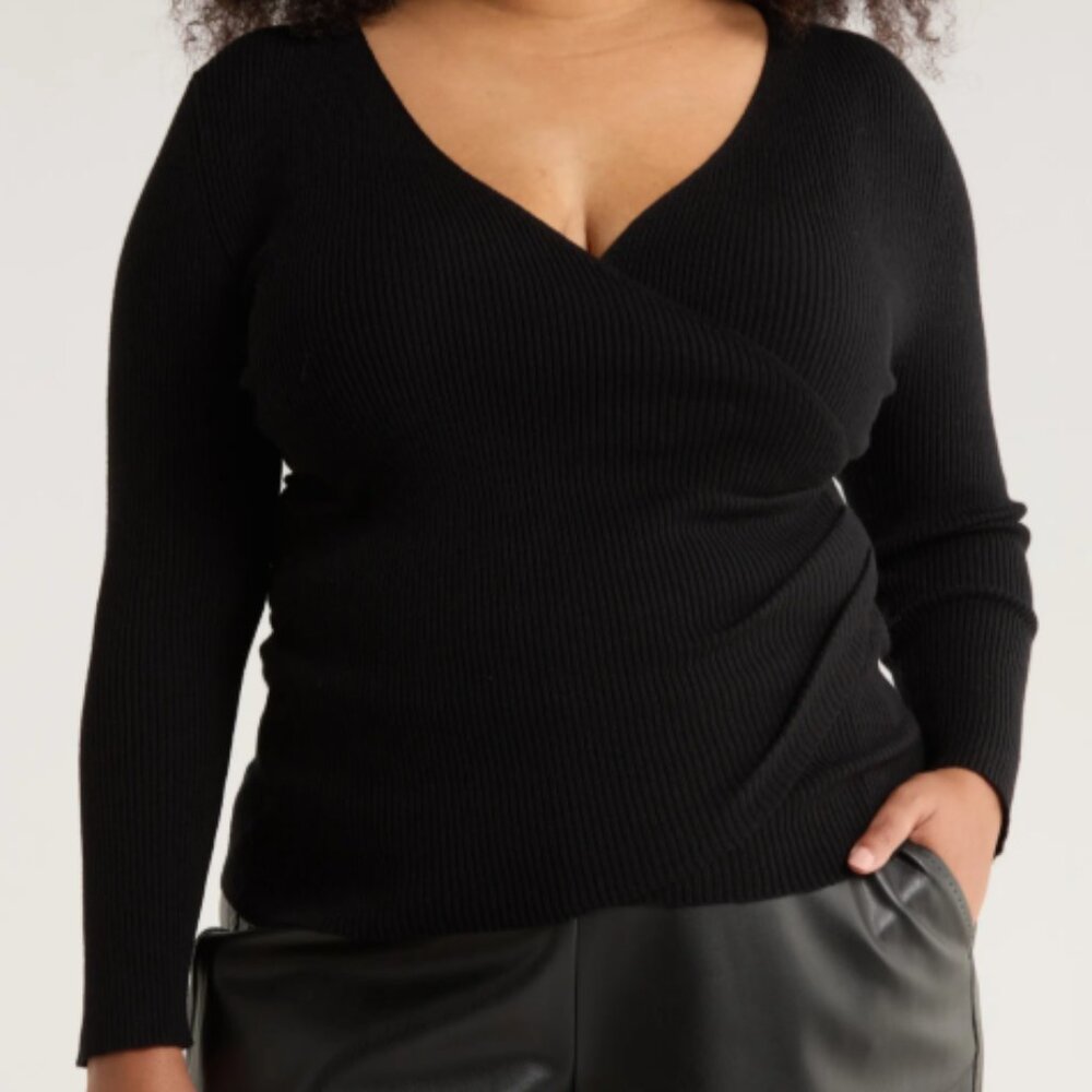 EUC Faux Wrap Knit Sweater Black size Medium - Modern Chic Closet Staple